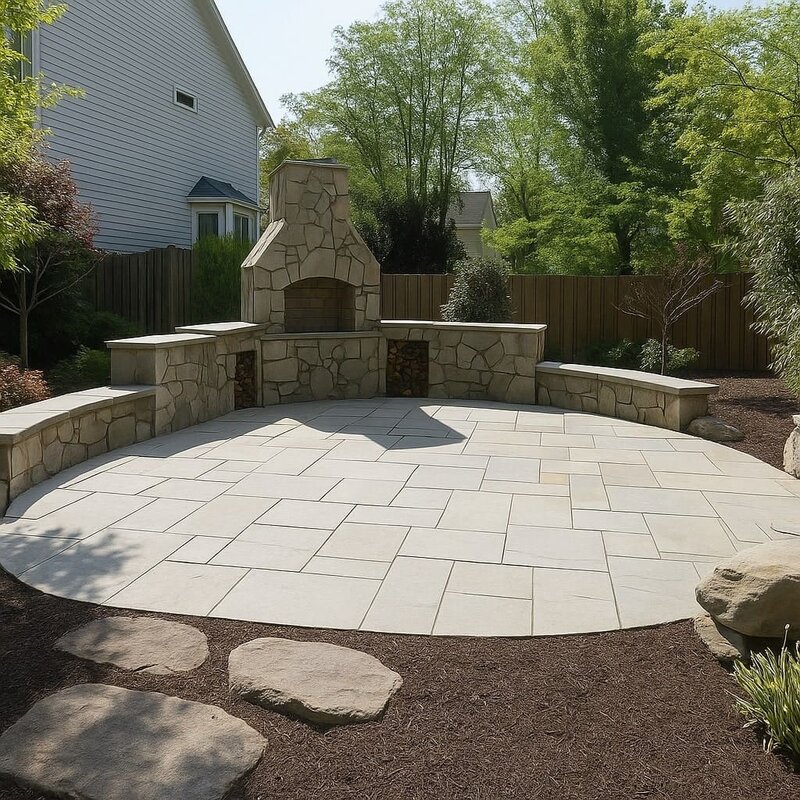 Stone patio with built-in outdoor fireplace and surrounding seating wall in a landscaped backyard.