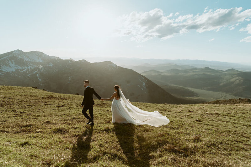 A stunning landscape shot of a couple walking through grass on their elopement day. Behind them are mountains as far as the eye can see. The groom leads his bride as they walk away from the camera.