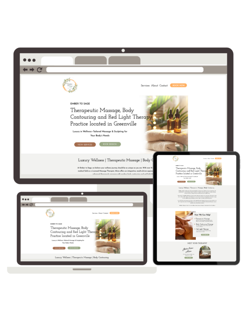 Custom web design for Ember to Sage wellness business shown on laptop, desktop, and tablet screens