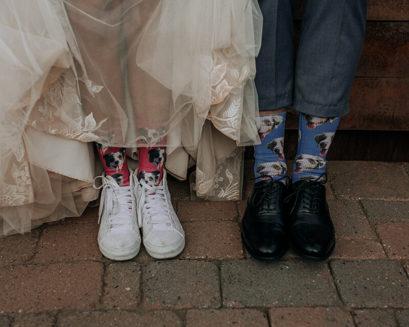 vans and matching dog socks on their wedding day