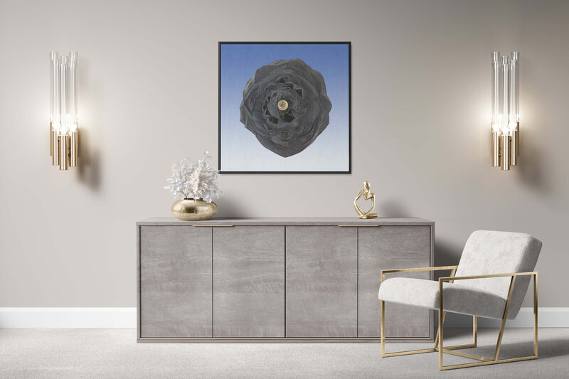 Fine Art Canvas with a black frame featuring Project Stardust micrometeorite NMM 244 for luxury interior design