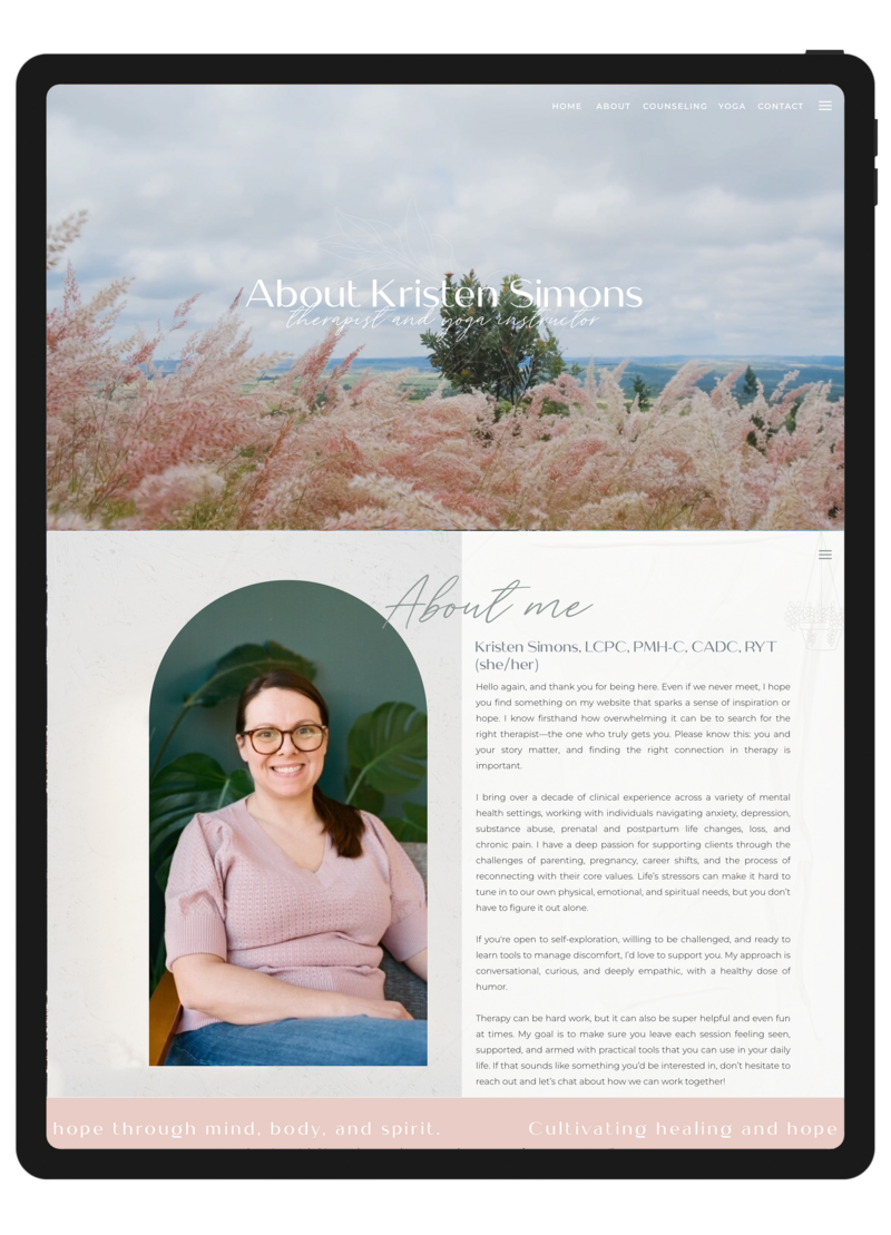 About page for a therapist website redesigned by Unica Formo