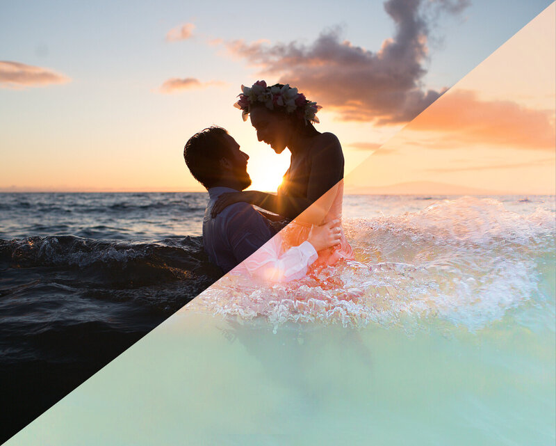 photo of a couple in the water holding each other shown before and after the editing process
