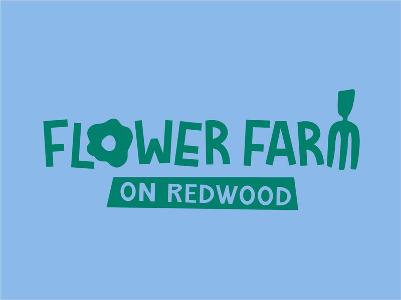 Blue background with green flower farm on redwood horizontal logo