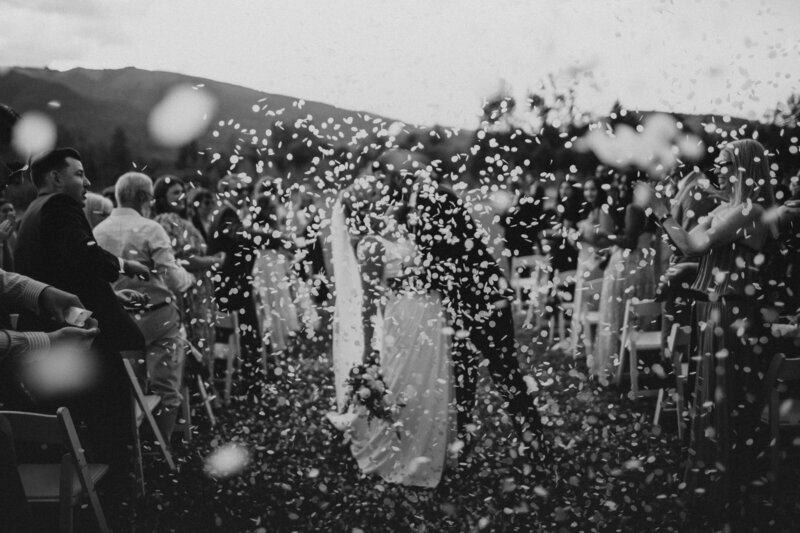 Petal Toss black and white image at wedding