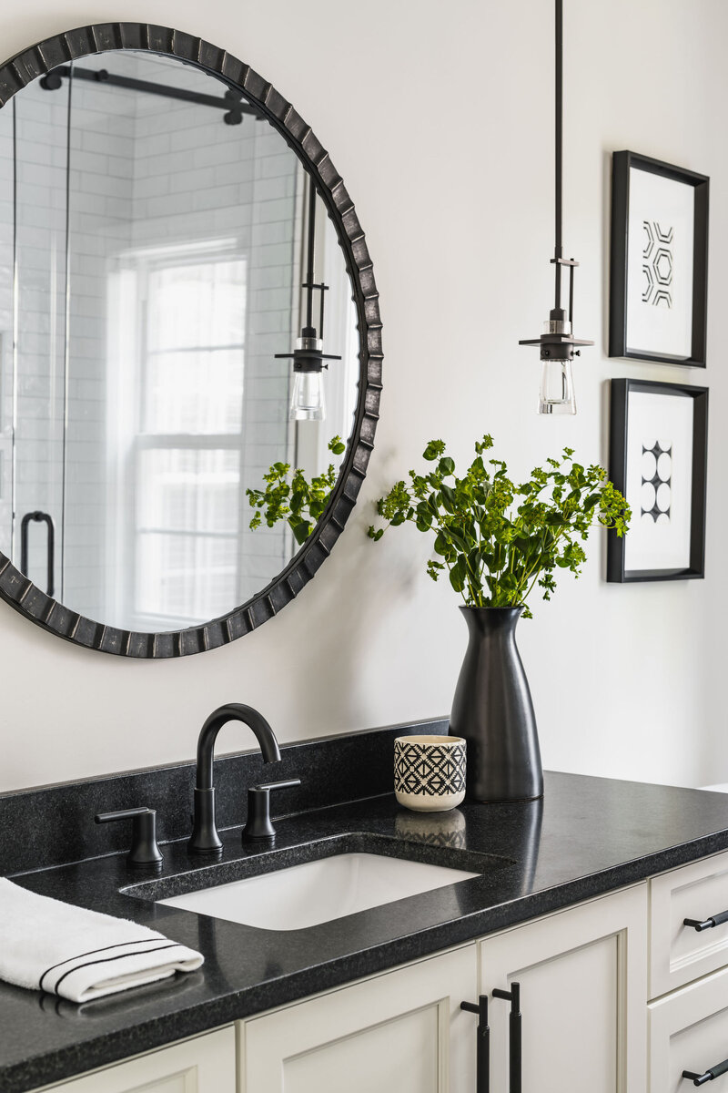 white bathroom vanity with black countertop