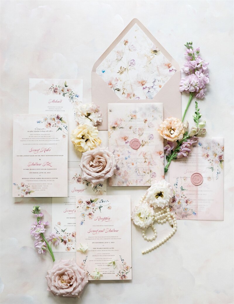 Delicate blush pink floral Fusion wedding invittaion suite_GDesigners