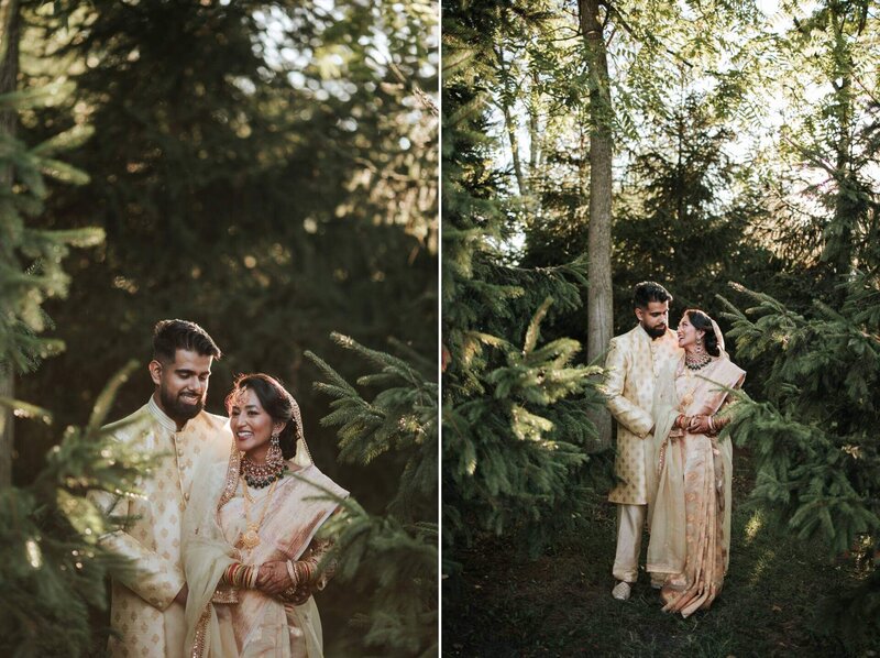 South Asian couple hug and enjoy solitude after ceremony in the canopy of the trees at Royal Alberts Palace