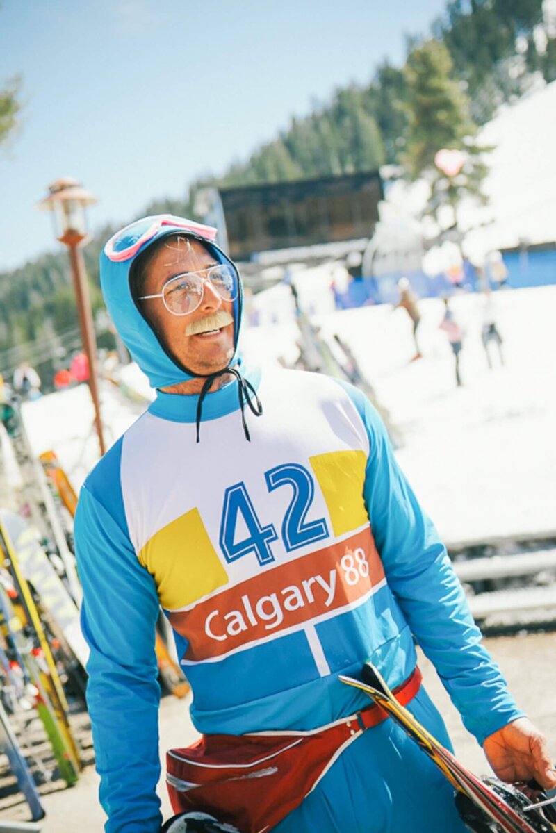 Jonny Moseley in vintage ski costume fundraiser event Palisades Tahoe photographer