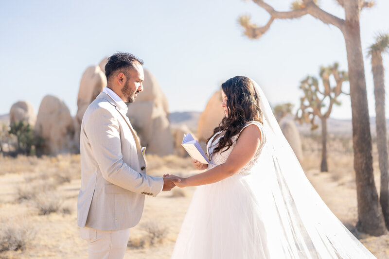 Joshua Tree Elopement Bride and Groom at Hidden Valley elopement ceremony exchanging vows.