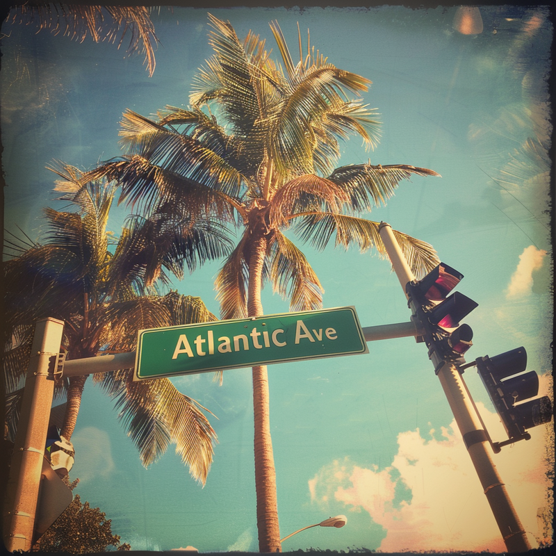 An image of a green street sign that says "Atlantic Avenue" with palm trees and a blue sky with clouds in the background