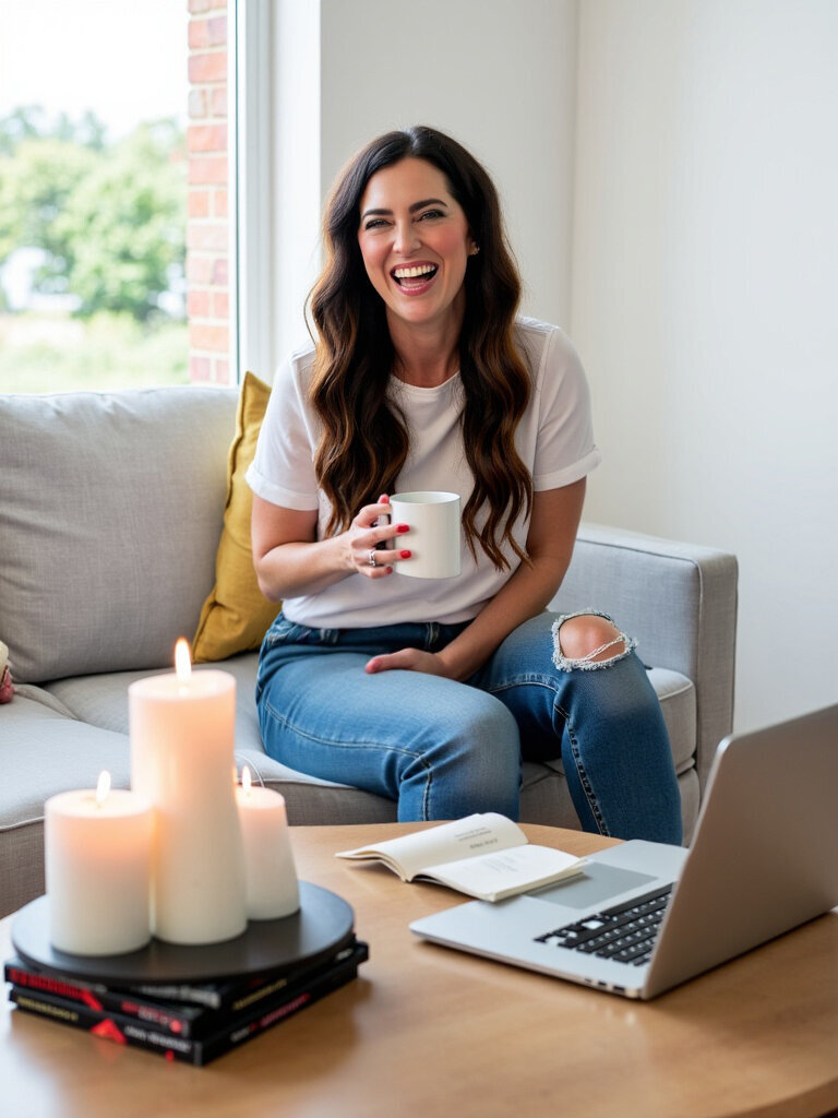 Missy Mayo laughs at the camera while drinking a cup of coffee and sitting on a sofa with a laptop and candle.