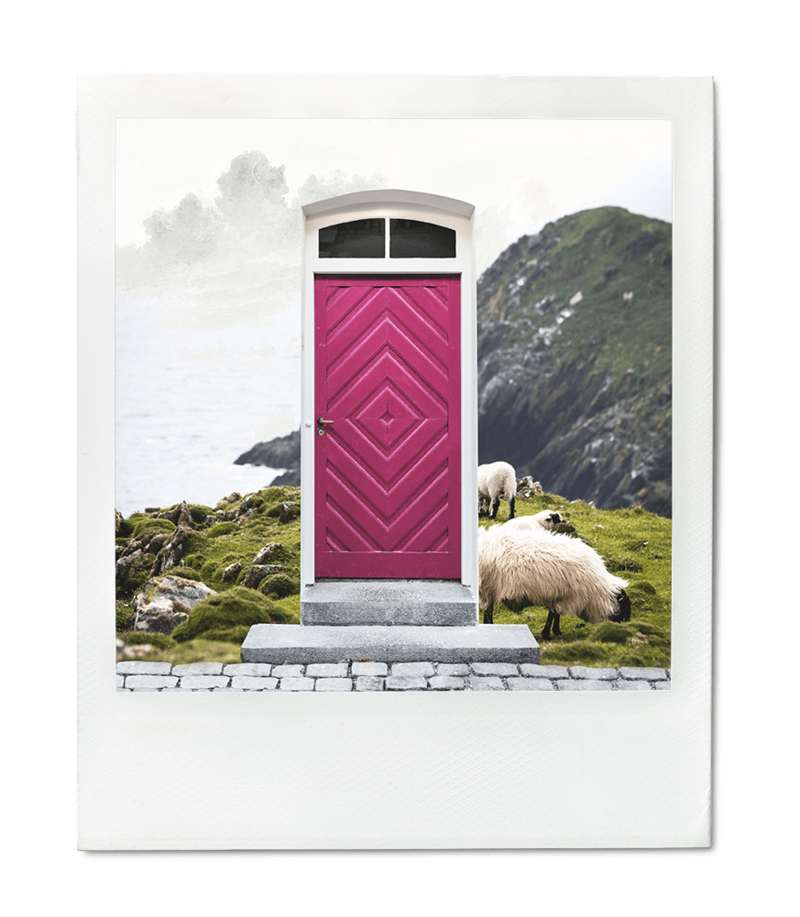 Magical pink door in a sheep field