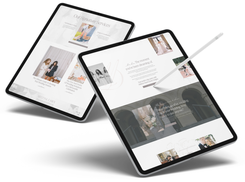 Two tablets display a wedding-themed website with images and text, crafted by a Showit designer. One tablet has a stylus resting on it, appearing to interact with the branding and web design elements onscreen.