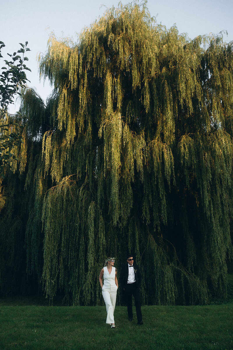 Luxury wedding in Europe – sophisticated bride in a modern wedding gown and groom in a timeless suit.