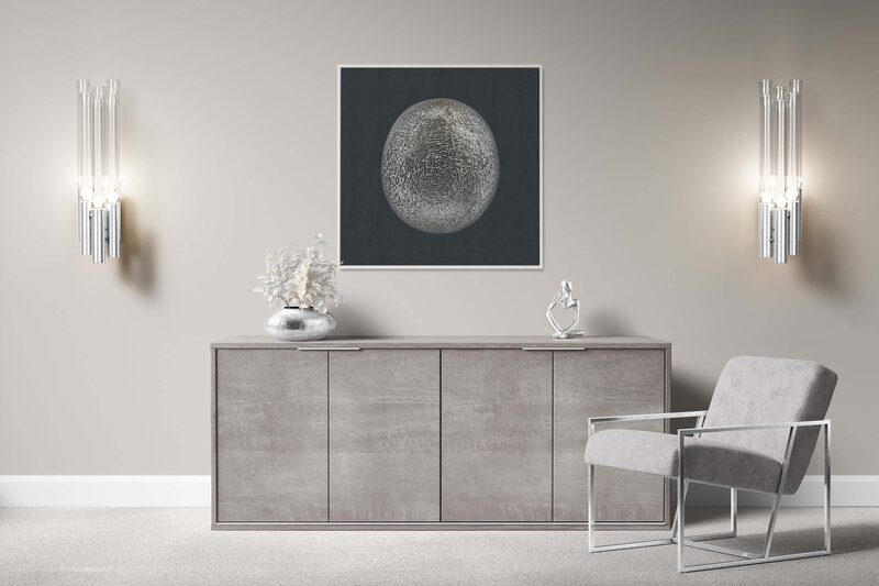 Fine Art Canvas with a white frame featuring Project Stardust micrometeorite NMM 2807 for luxury interior design