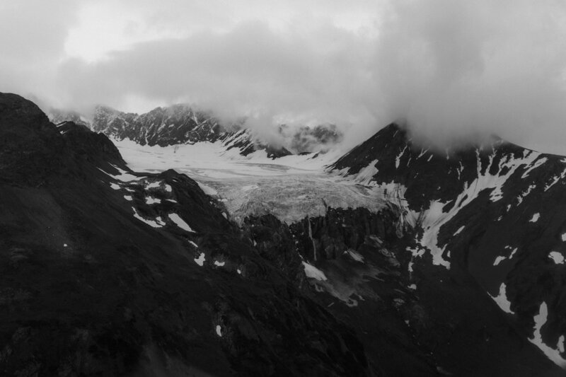 black and white photo hanging glacier