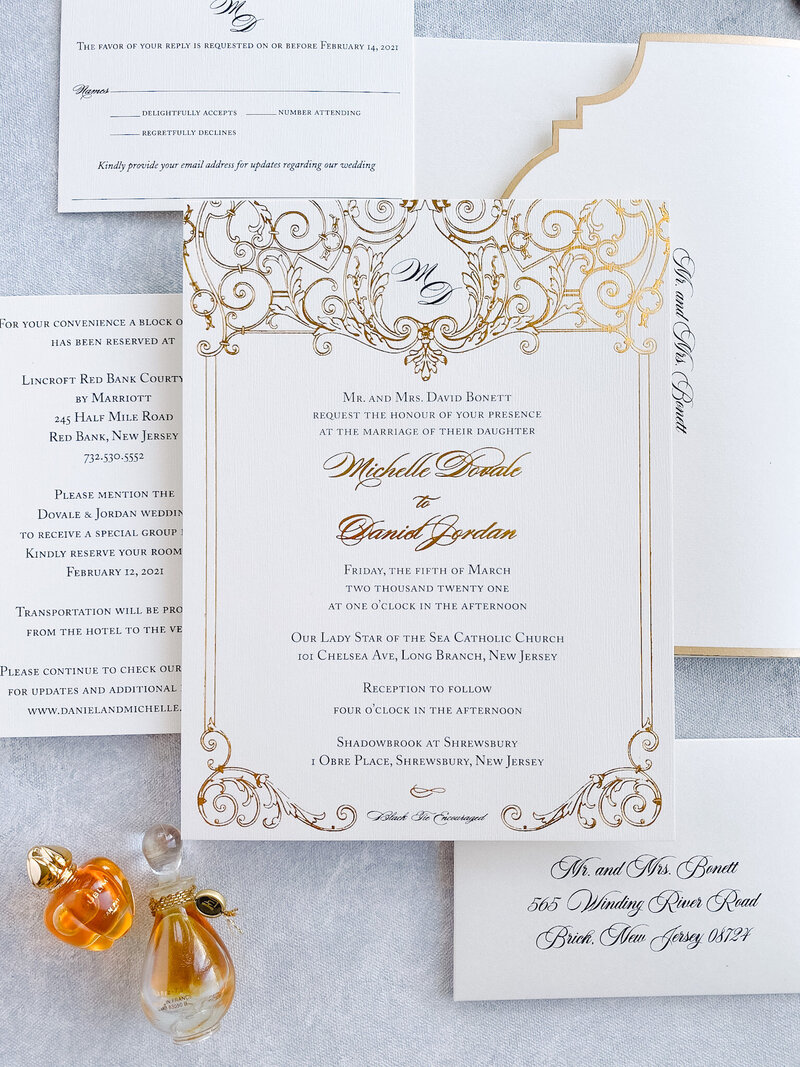 Monogram Damask white and gold custom wedding invitation suite