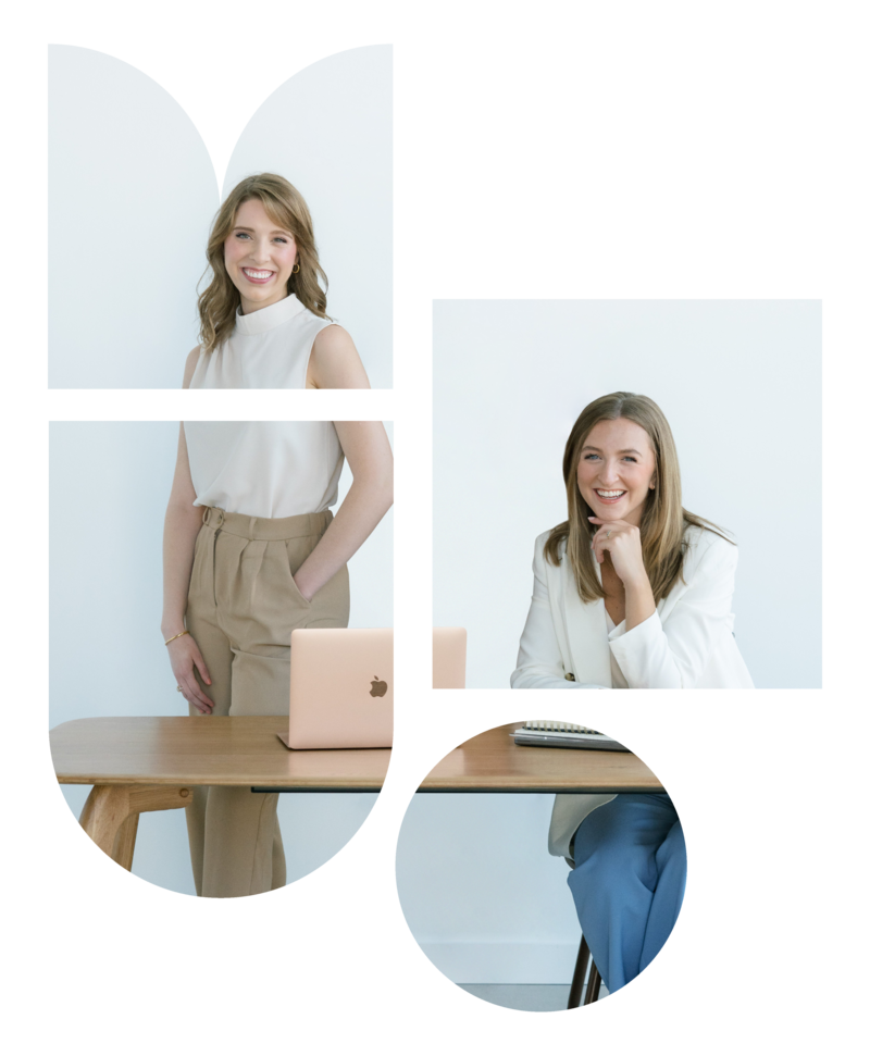 Photo of Kelsey and Audrey at a table with a laptop in different shaped frames