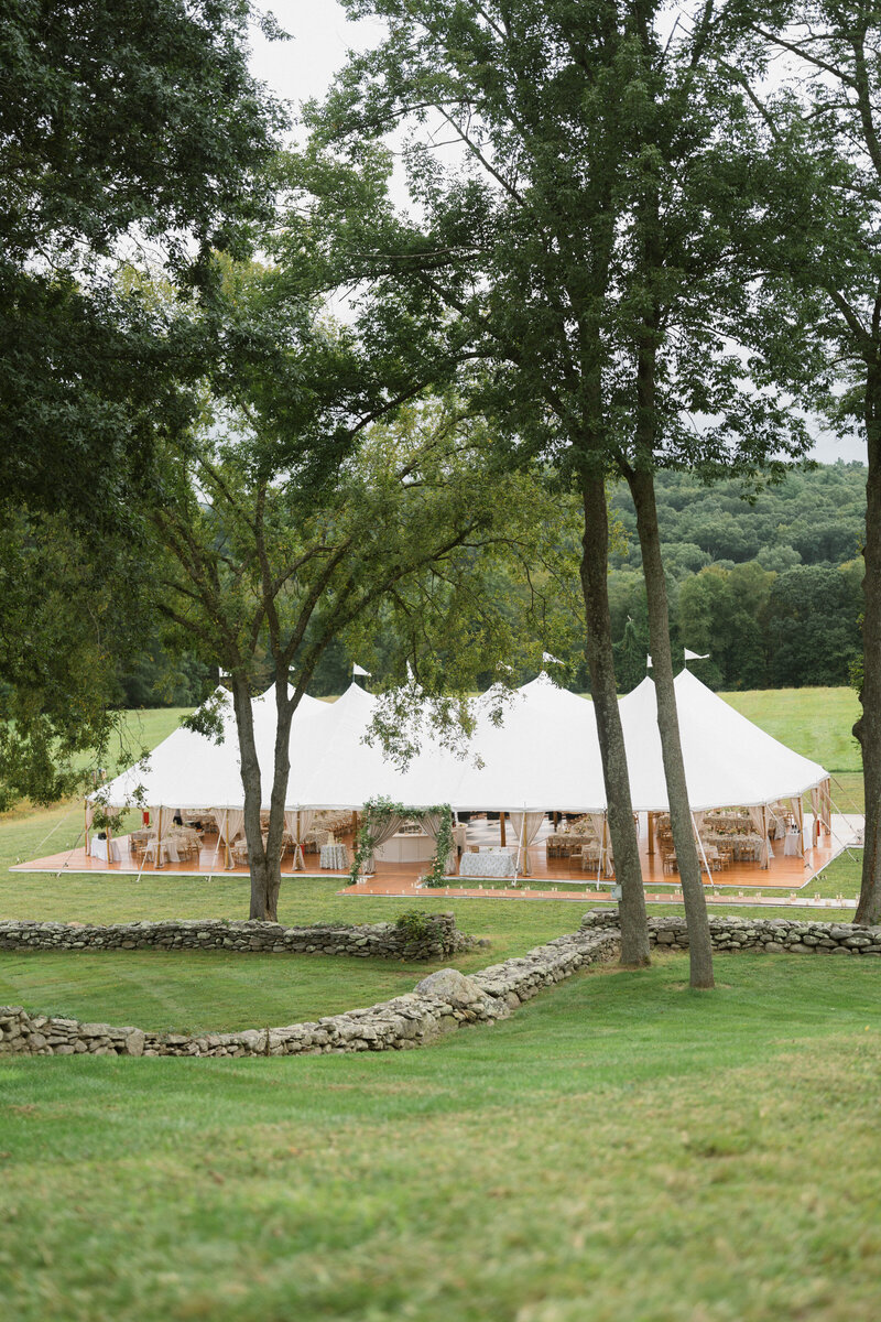 Overhead view of a garden wedding ceremony at Willow Hill Eventsin Brooklyn, Connecticut