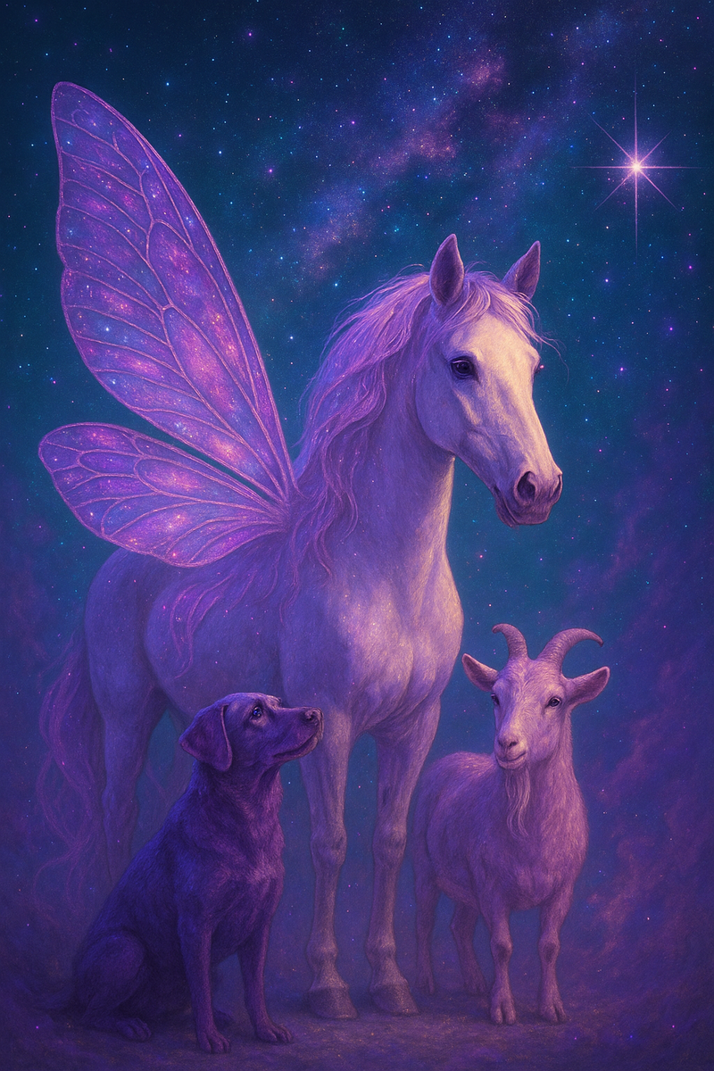 White Horse with fairy wings standing tall beside sitting dog and small goat in a purple ethereal cosmic setting representing the Animal Communication Course. 