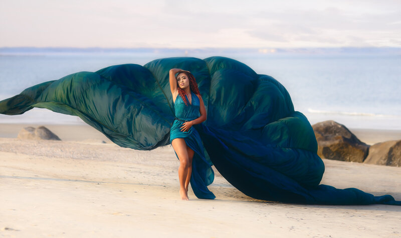 Savannah Georgia Boudoir and Glamour Woman in blue parachute gown on beach