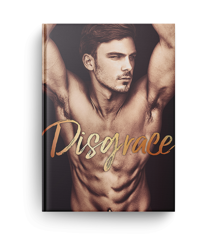 shirtless dark haired man with abs on the cover of romance novel 'disgrace' by brittainy cherry