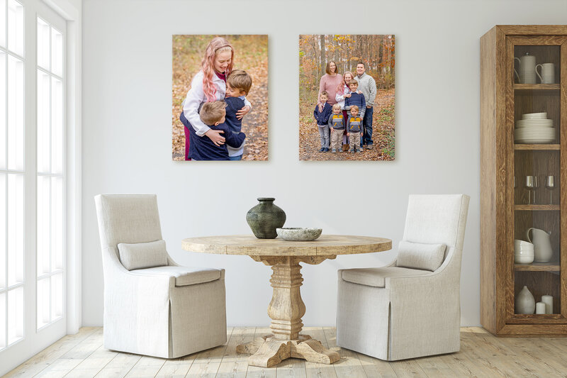 A dining room displaying canvases of a family of seven by Melissa Driggers, Northern Virginia family photographer.