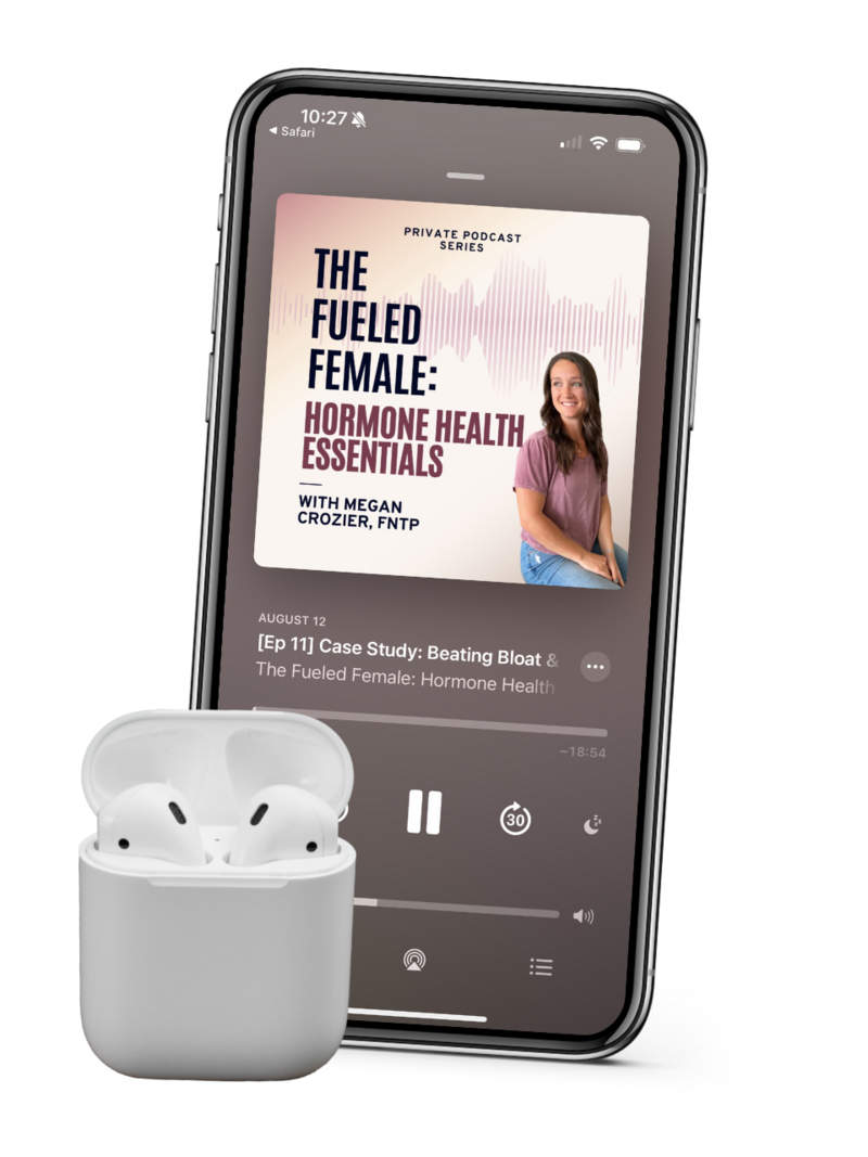 Phone displaying The Fueled Female podcast on a poolside background with shadowy water. AirPods positioned beside the phone on a reflective surface.