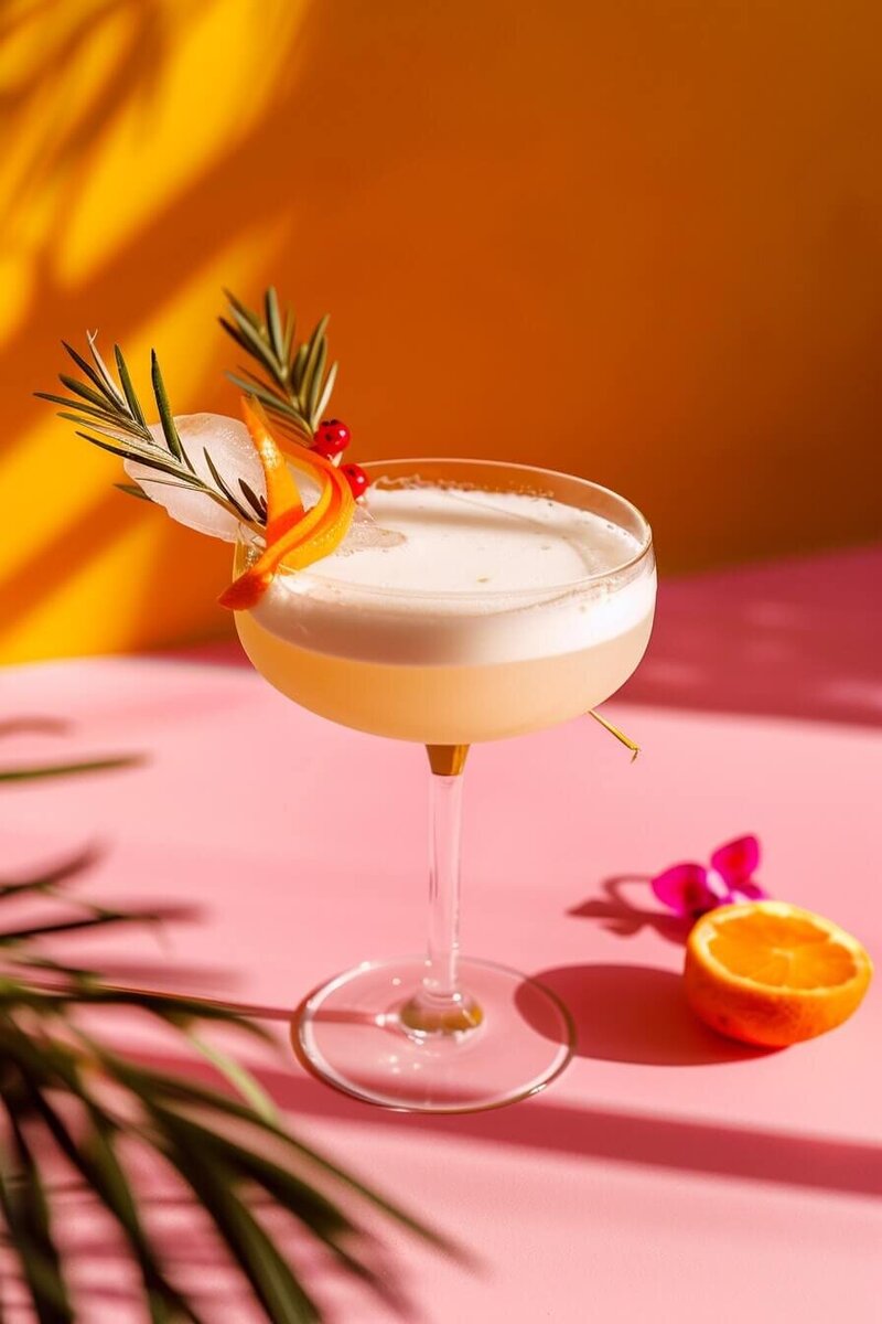 A refreshing summer cocktail elegantly presented in a coupe glass, garnished with a sprig of rosemary, vibrant orange peel, and bright red berries. Set against a bold yellow and pink backdrop with tropical shadows, this vibrant scene captures the indulgent and celebratory experiences made possible through vacation fundraising.