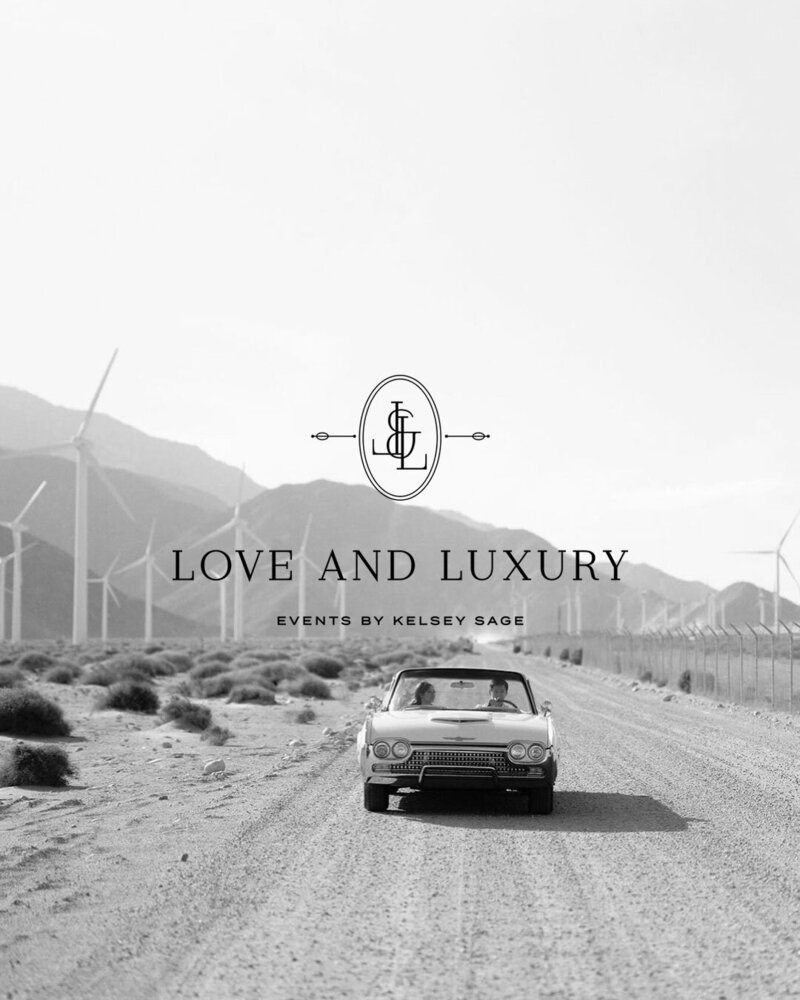 Black and white photo of a vintage car in California with black Love & Luxury logo