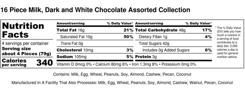 16 Piece Milk- Dark and White Chocolate Assorted  Collection - Nutrition Label-2