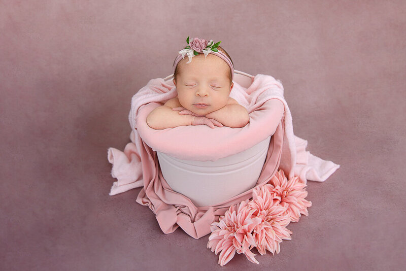 newborn baby girl in a pink bucket with pink flowers on a pink background for her Burlington, Ontario newborn photos
