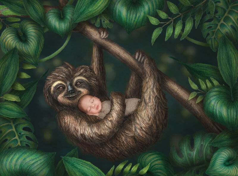  "Sleeping newborn snuggled up with a plush sloth toy, capturing a cozy and heartwarming fine art baby portrait in Ottawa."