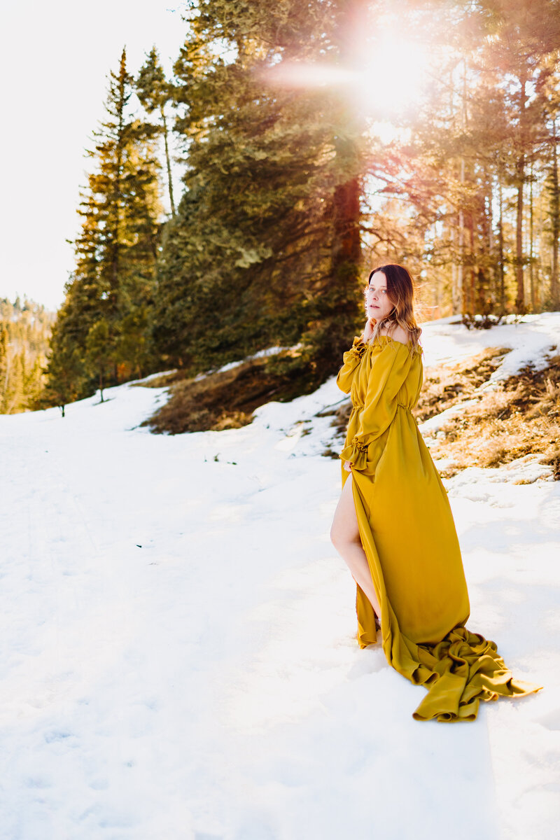 Woman posing for a photograph in a long yellow dress in the snow and pine trees