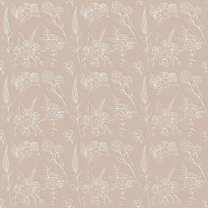 Delicate hand-drawn floral pattern on a peach background for Anne-Marie Designs