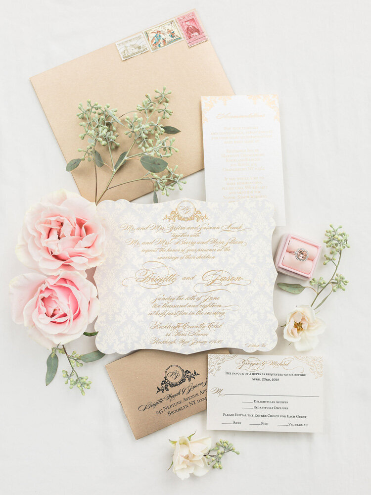 Monogram Damask white and gold custom wedding invitation suite