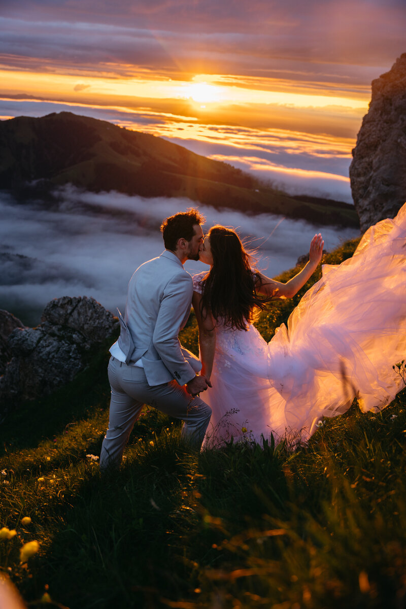 Couple eloping on a boat in Switzerland in the Alps