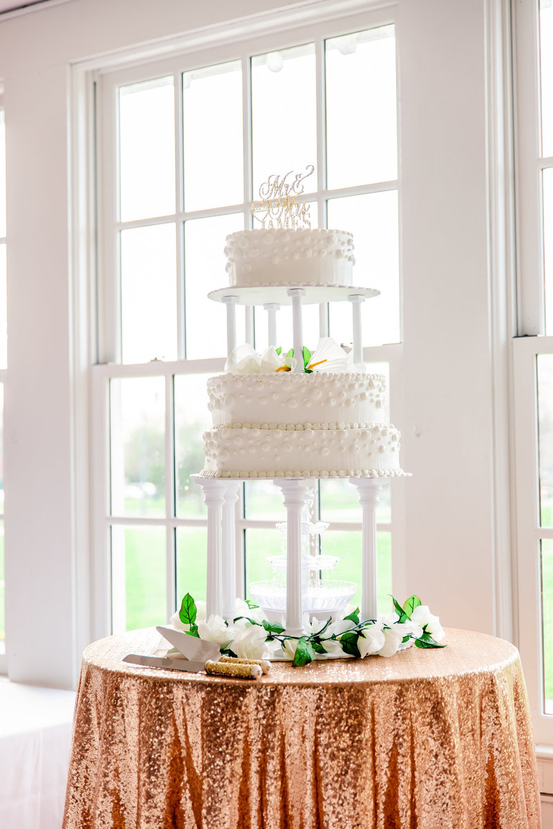 3 tiered fountain cake on sequined gold table cloth