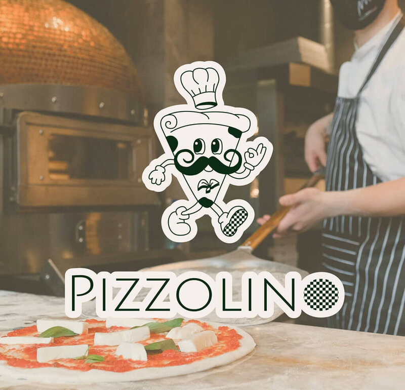 Maquette de présentation de l'identité visuelle de Pizzolino, qui représente une ambiance gourmande et traditionnelle. L'image montre le logo vertical de la marque.