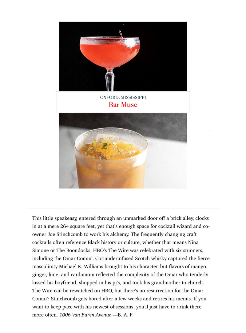 Article and Photos in Esquire Magazine about Bar Muse Drink Menu in Oxford MS