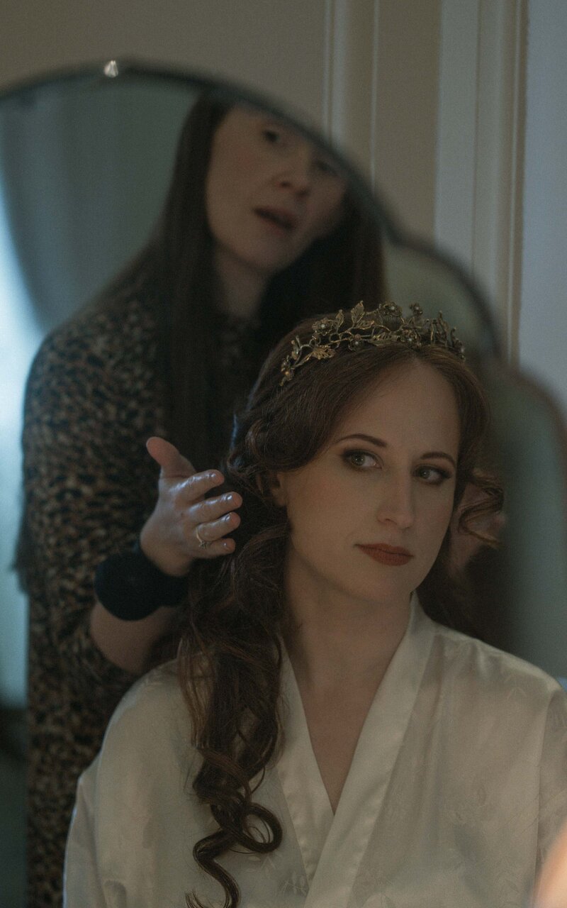 Bridal preparations on the big day, showcasing the intimate moments as the bride gets ready, reflecting elegance, excitement, and anticipation before the ceremony