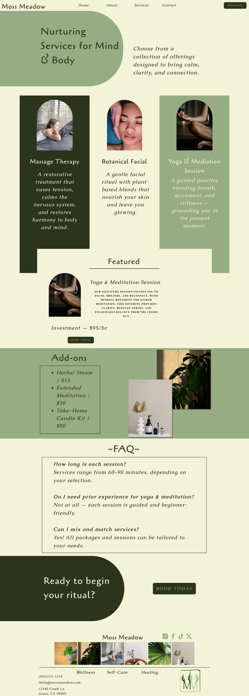 Moss Meadow home page showcasing a serene green and cream design with botanical imagery, yoga poses, and service sections for massage therapy, botanical facials, and guided meditation. Showit website template by Kendra Co