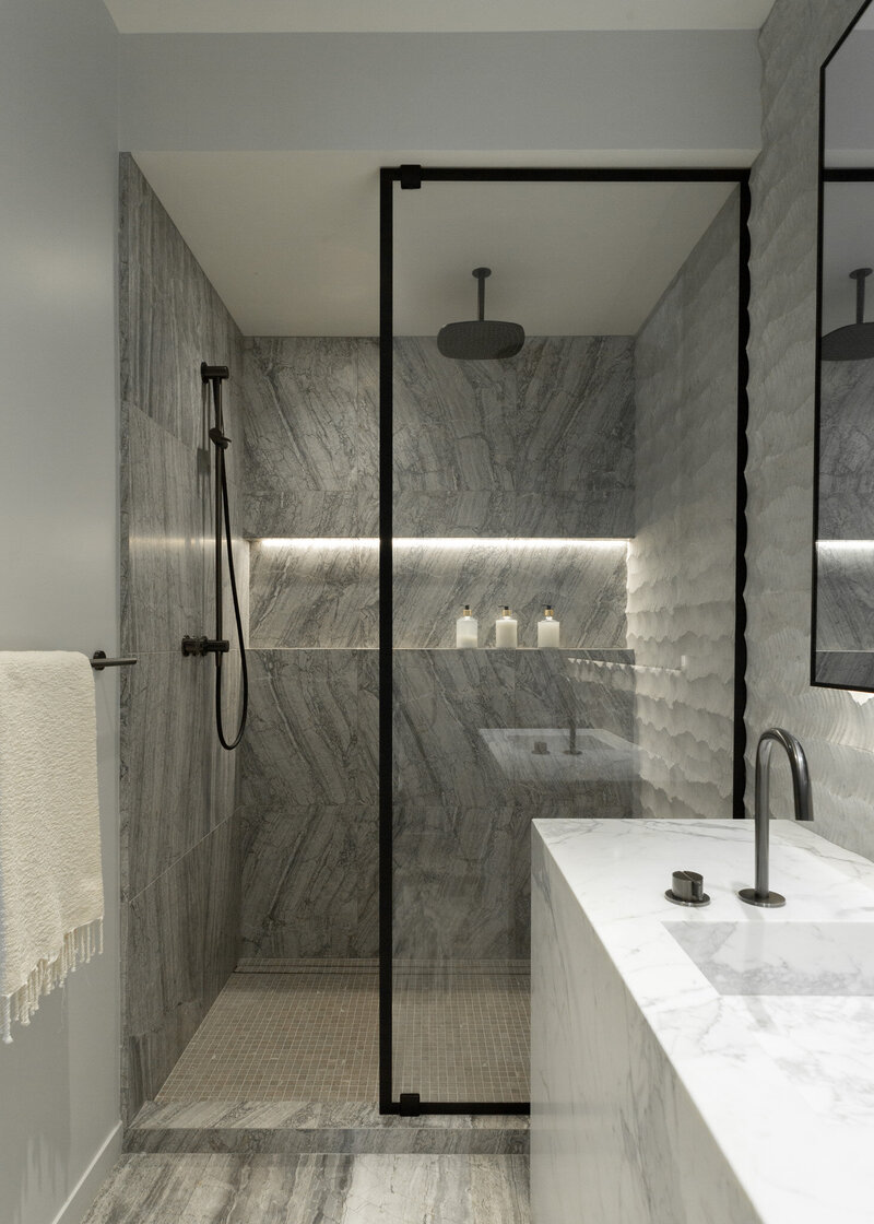 modern bathroom in Silicon Valley full-scale home renovation; top interior design firm