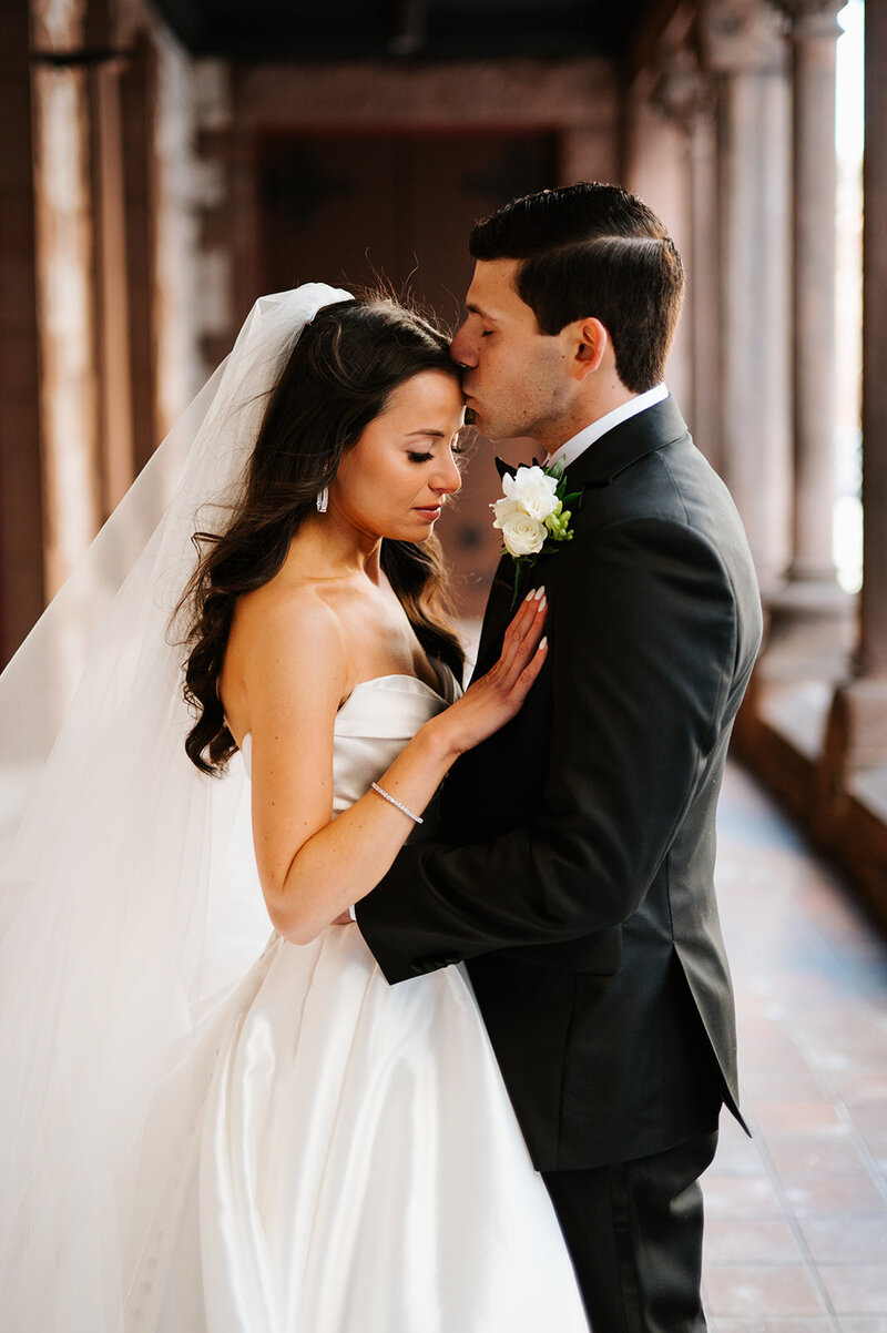 Wedding couple first look at Trinity Church in Copley Square in Boston, MA