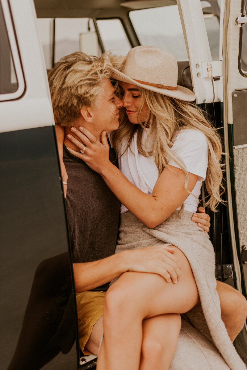 Utah Bonneville Salt Flats Adventure Couple with Vintage VW Van+ National Park Elopement Photographer