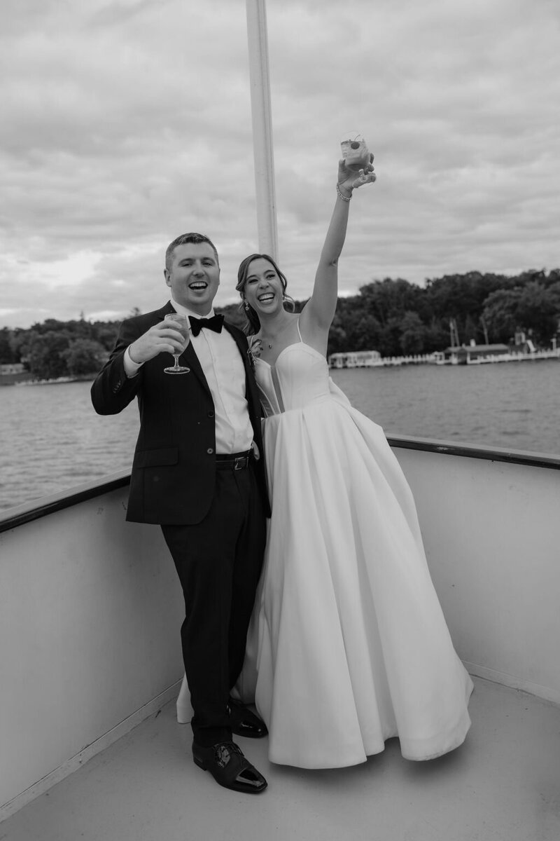 Couple portraits on boat on Lake Michigan in Milwaukee, WI