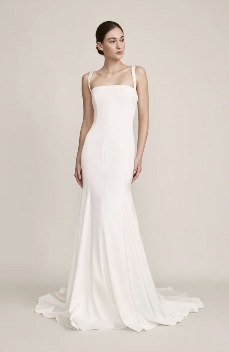 Weighted Satin Crepe Fit-To-Flare Gown With Dramatic Square Neckline And Low Back