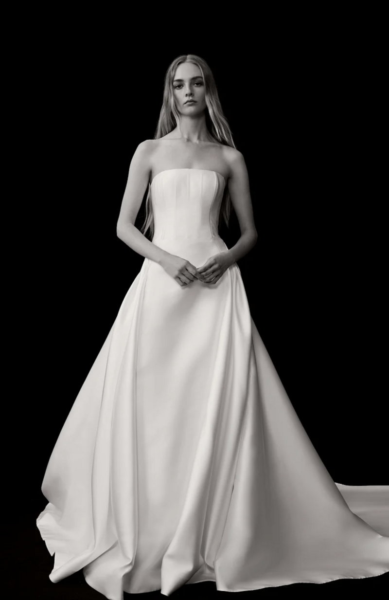 Strapless Satin Magnolia Gown with Structured Bodice and Cascading Hip Drape