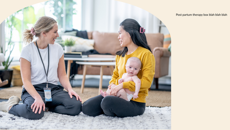 Therapist and client sitting in conversation during a counseling session representing Rooted Renewal therapy for emotional support with a new mother holding her baby, offering postpartum therapy and emotional support.  at Rooted & Nourished Psychotherapy